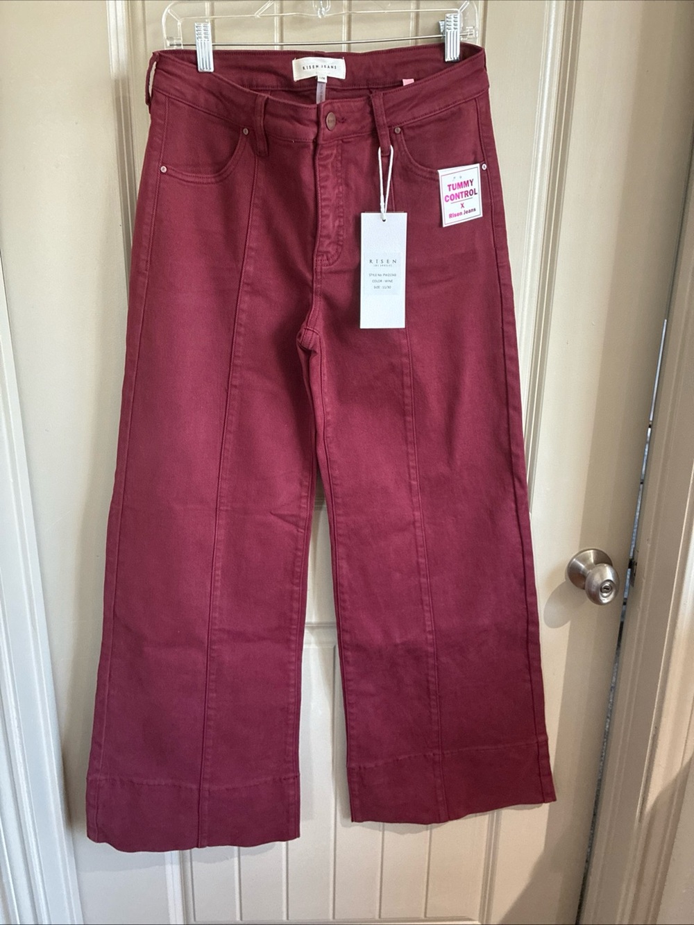 Risen Wide-Leg Tummy Control Jeans — Wine Red - Picture 1 of 12